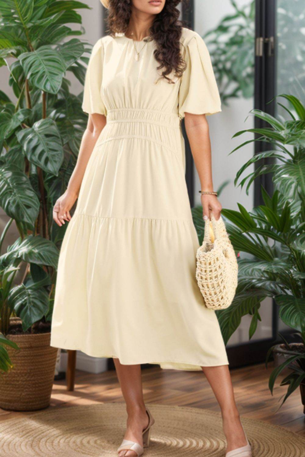 Puff Sleeve Pleated High Waist Flowy Midi Dress - MARIGOLD