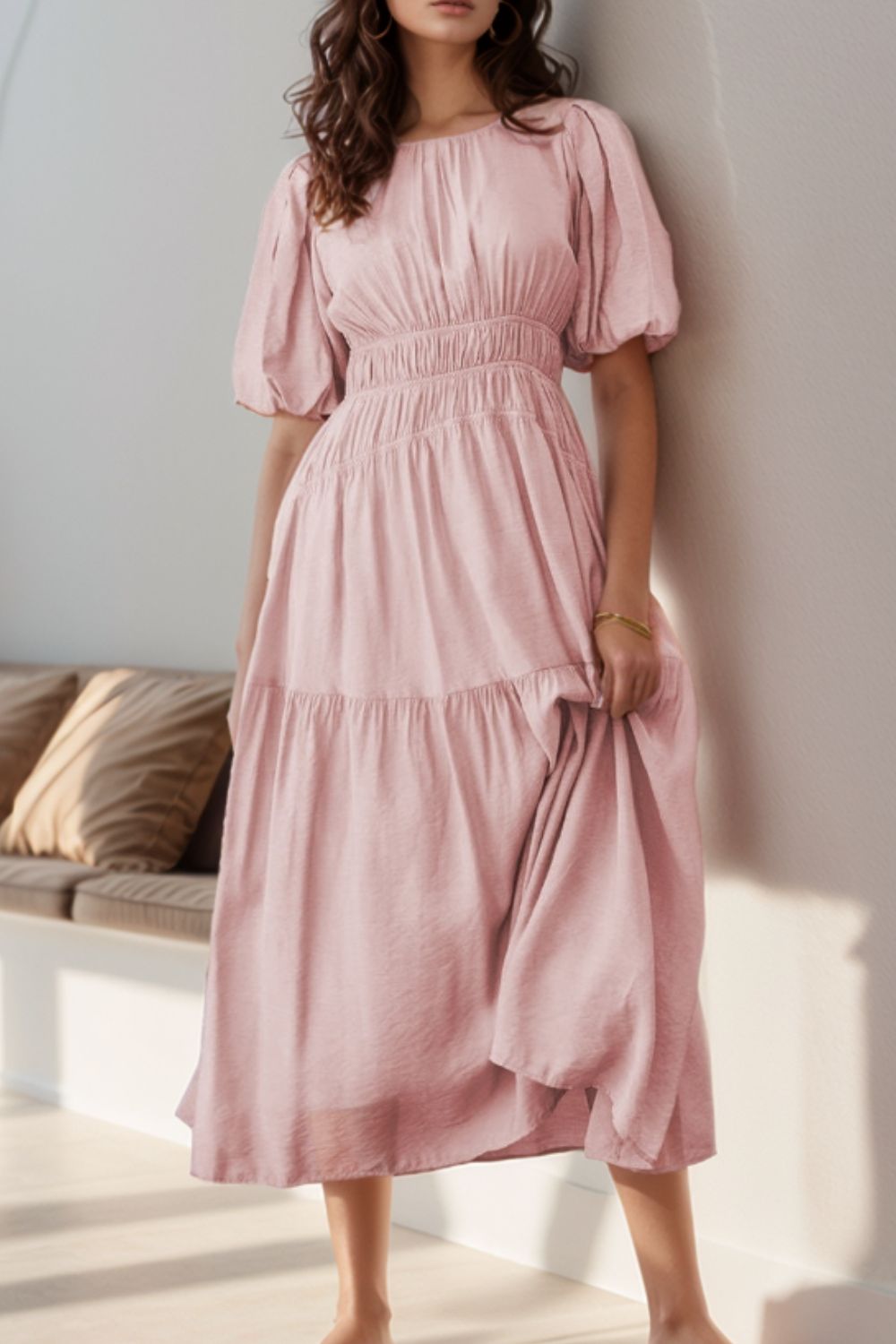 Puff Sleeve Pleated High Waist Flowy Midi Dress - MARIGOLD