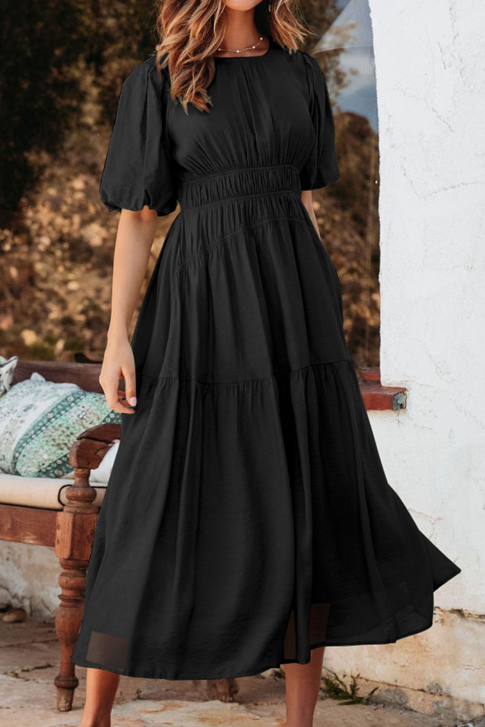 Puff Sleeve Pleated High Waist Flowy Midi Dress - MARIGOLD