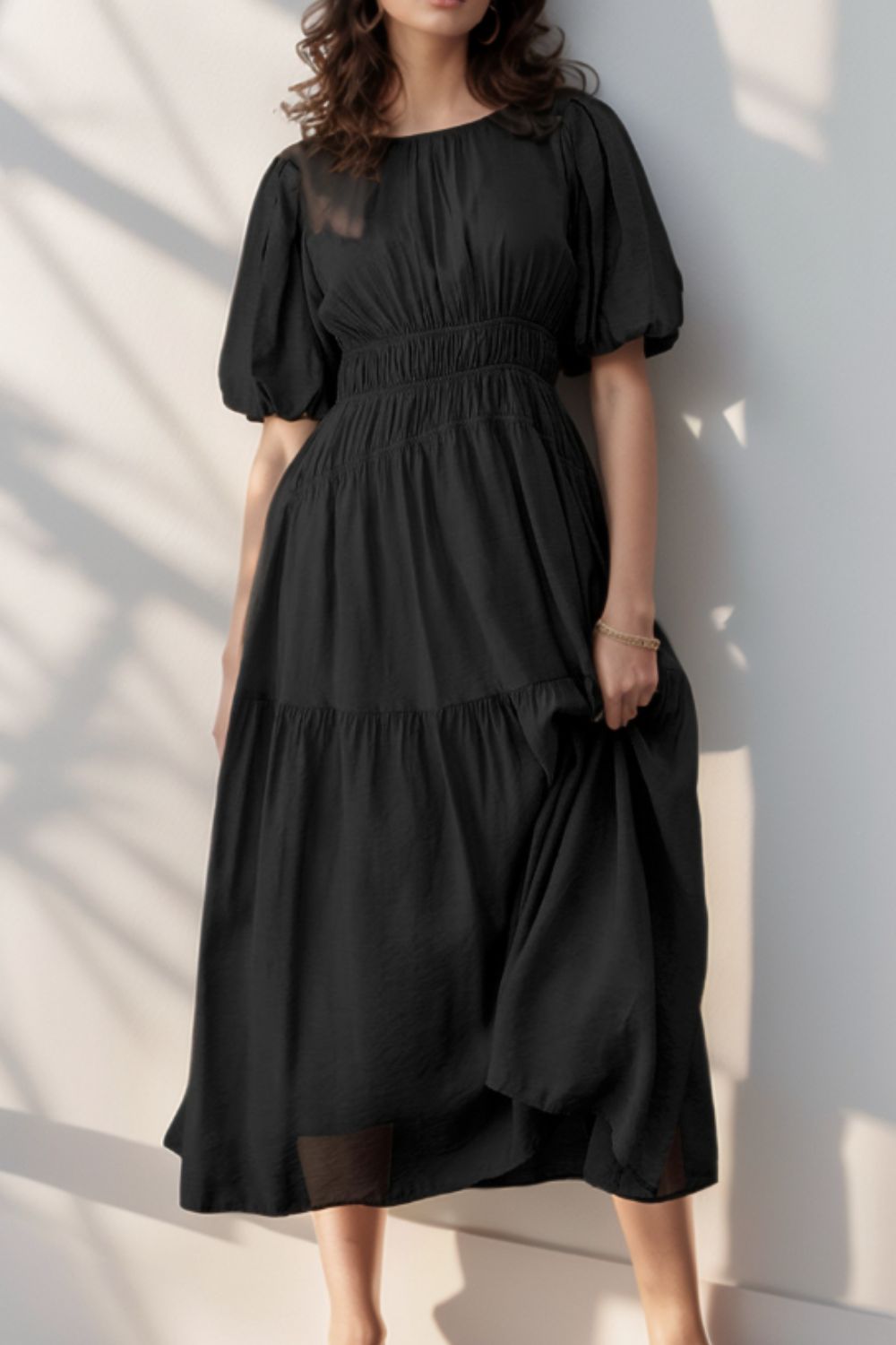 Puff Sleeve Pleated High Waist Flowy Midi Dress - MARIGOLD