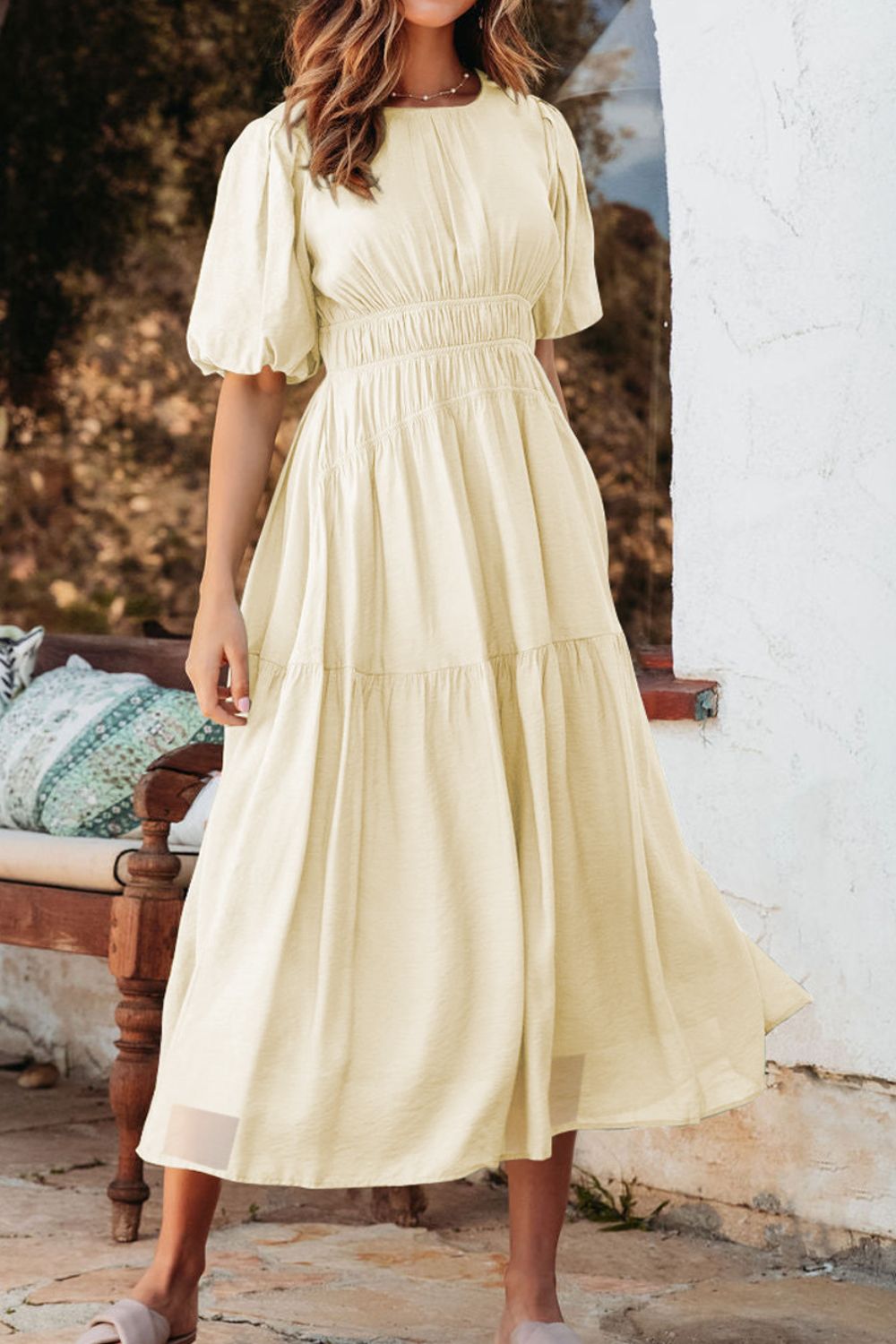 Puff Sleeve Pleated High Waist Flowy Midi Dress - MARIGOLD