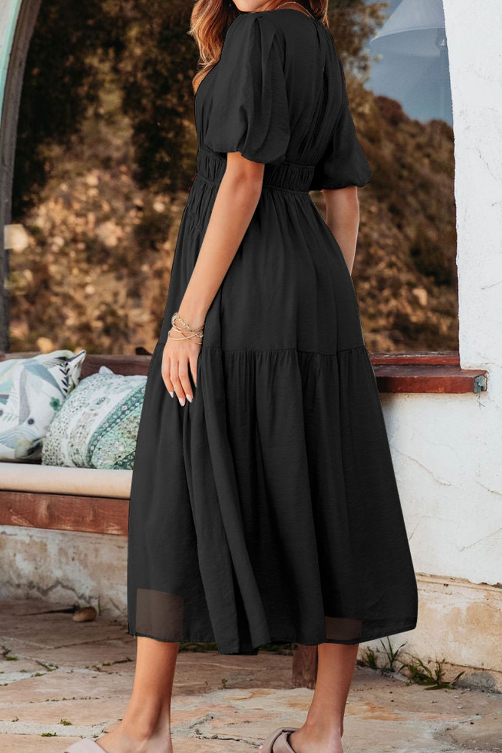 Puff Sleeve Pleated High Waist Flowy Midi Dress - MARIGOLD