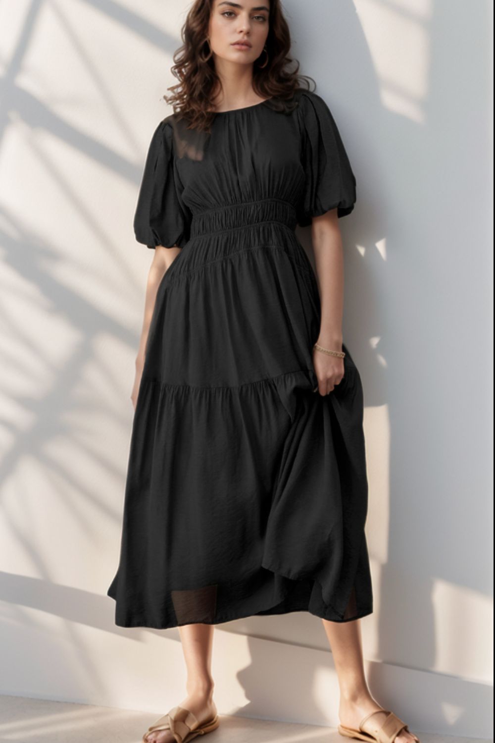 Puff Sleeve Pleated High Waist Flowy Midi Dress - MARIGOLD