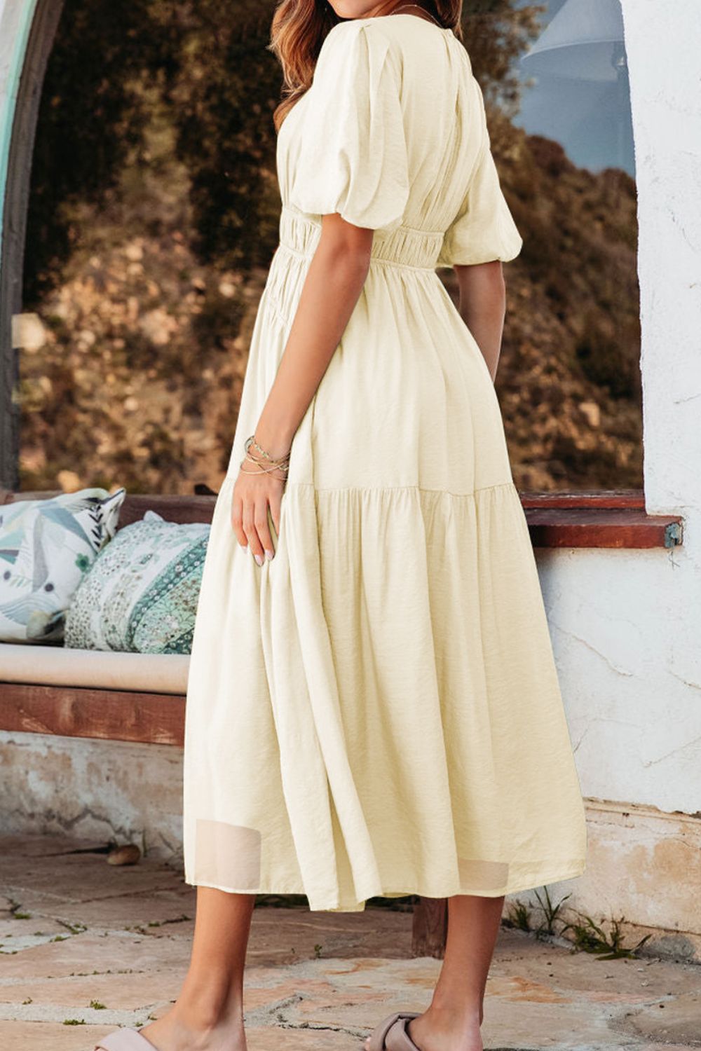 Puff Sleeve Pleated High Waist Flowy Midi Dress - MARIGOLD