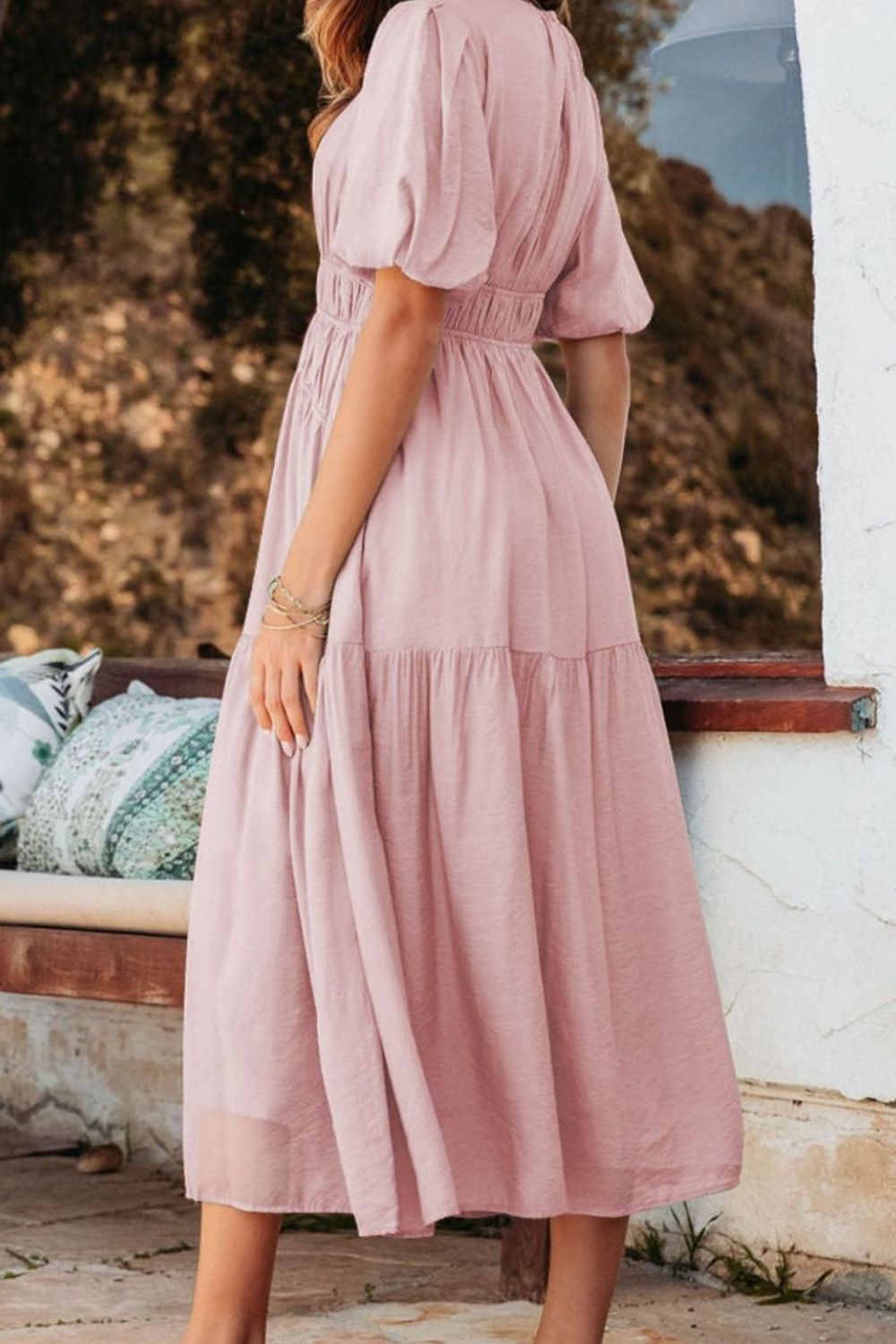 Puff Sleeve Pleated High Waist Flowy Midi Dress - MARIGOLD