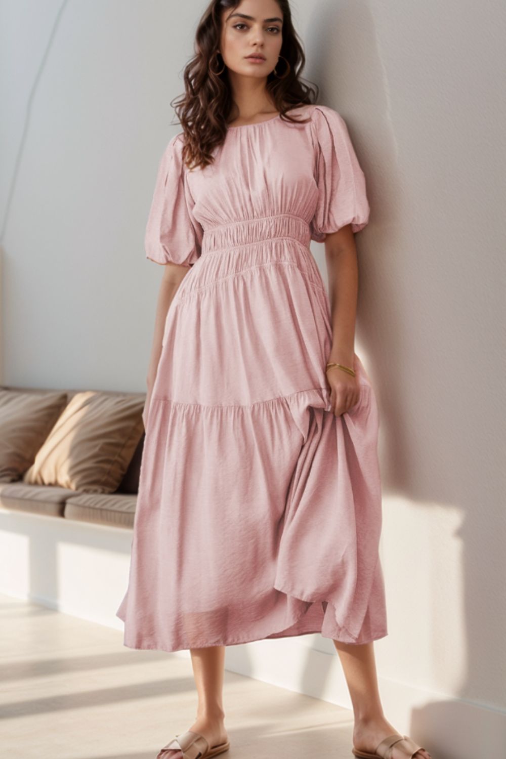 Puff Sleeve Pleated High Waist Flowy Midi Dress - MARIGOLD