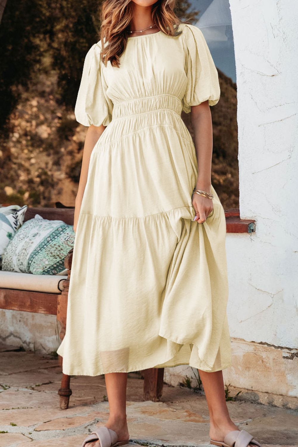 Puff Sleeve Pleated High Waist Flowy Midi Dress - MARIGOLD