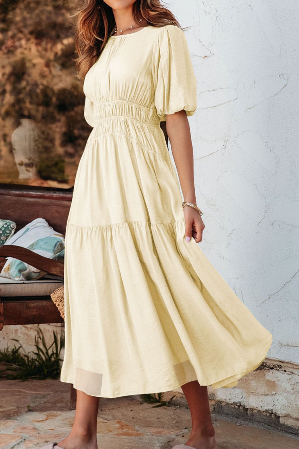 Puff Sleeve Pleated High Waist Flowy Midi Dress - MARIGOLD