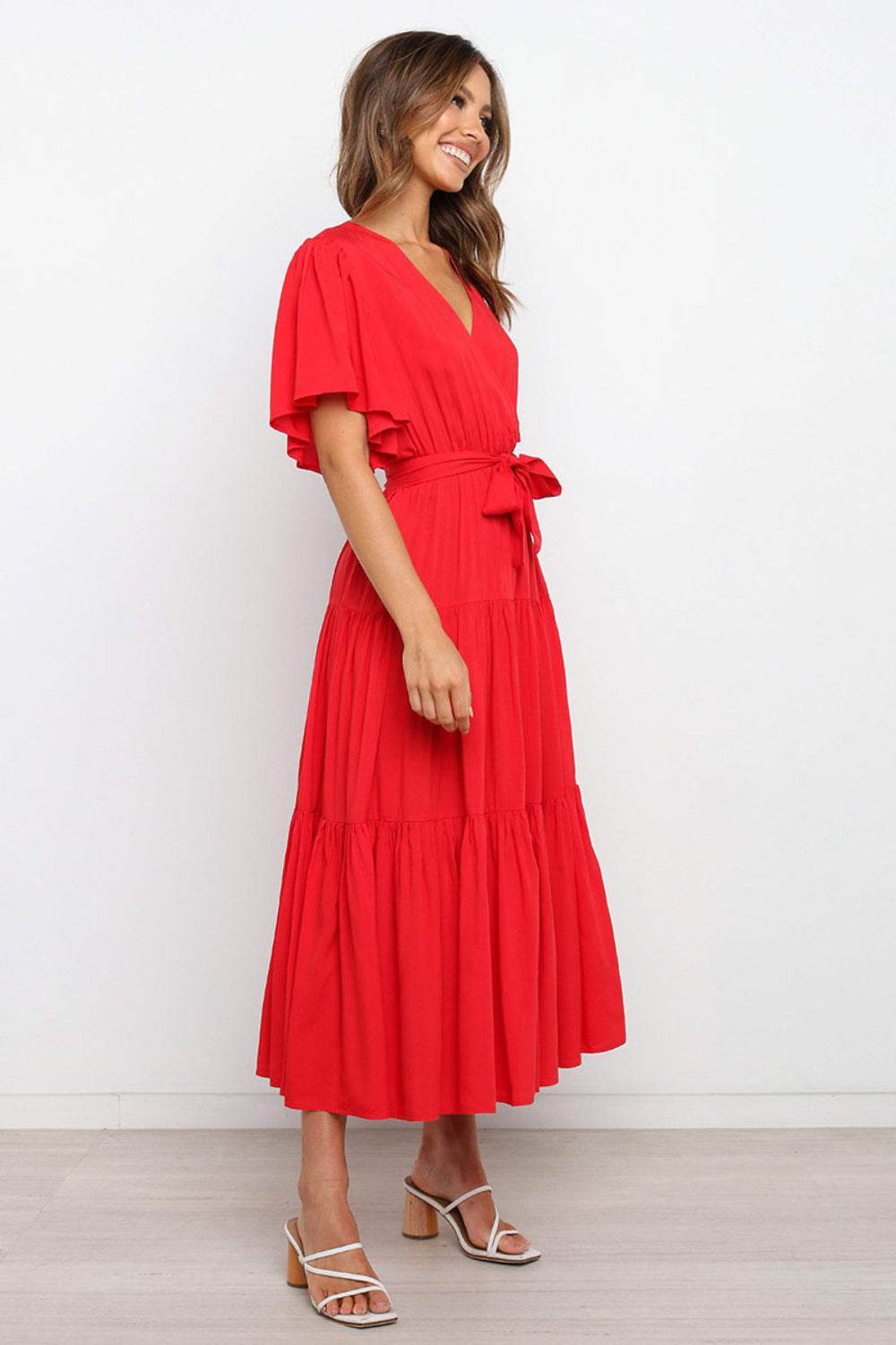 Angel Sleeve Tie-Waist Tiered Midi Dress - MARIGOLD