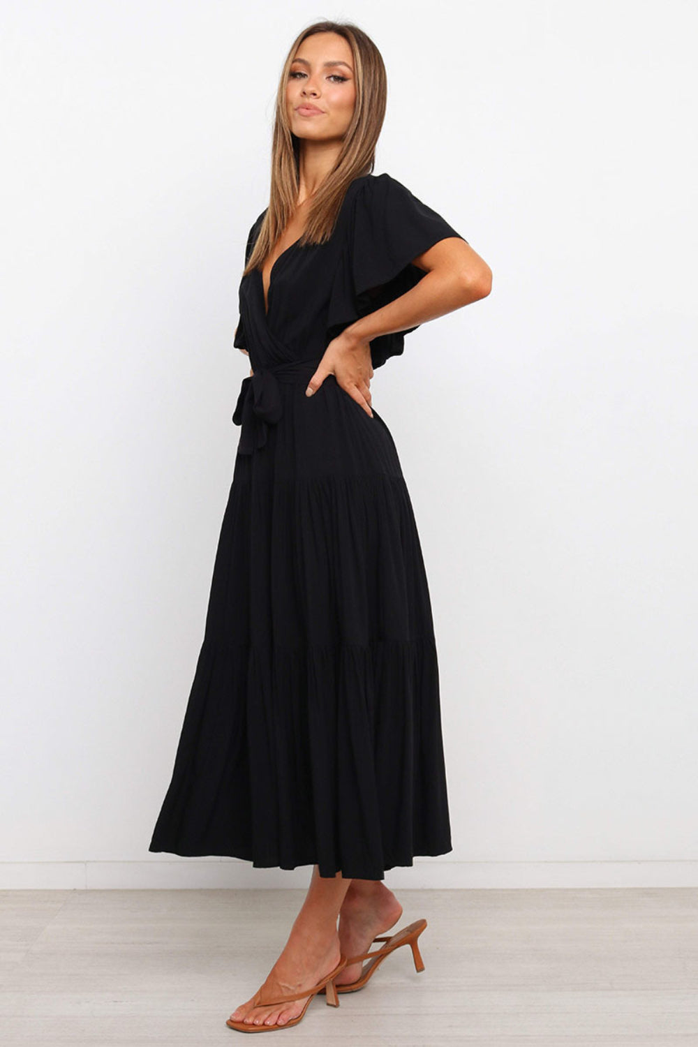 Angel Sleeve Tie-Waist Tiered Midi Dress - MARIGOLD