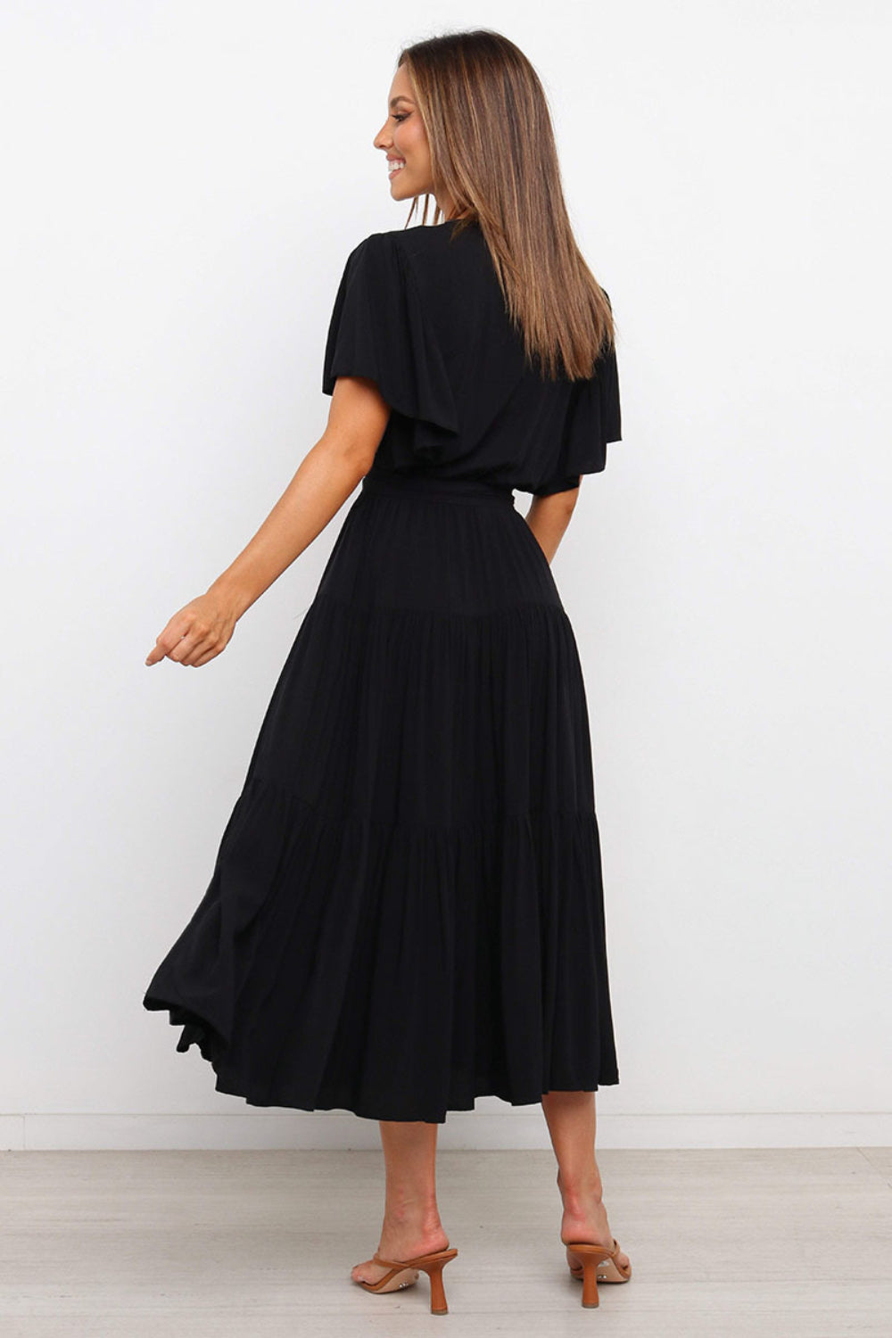 Angel Sleeve Tie-Waist Tiered Midi Dress - MARIGOLD
