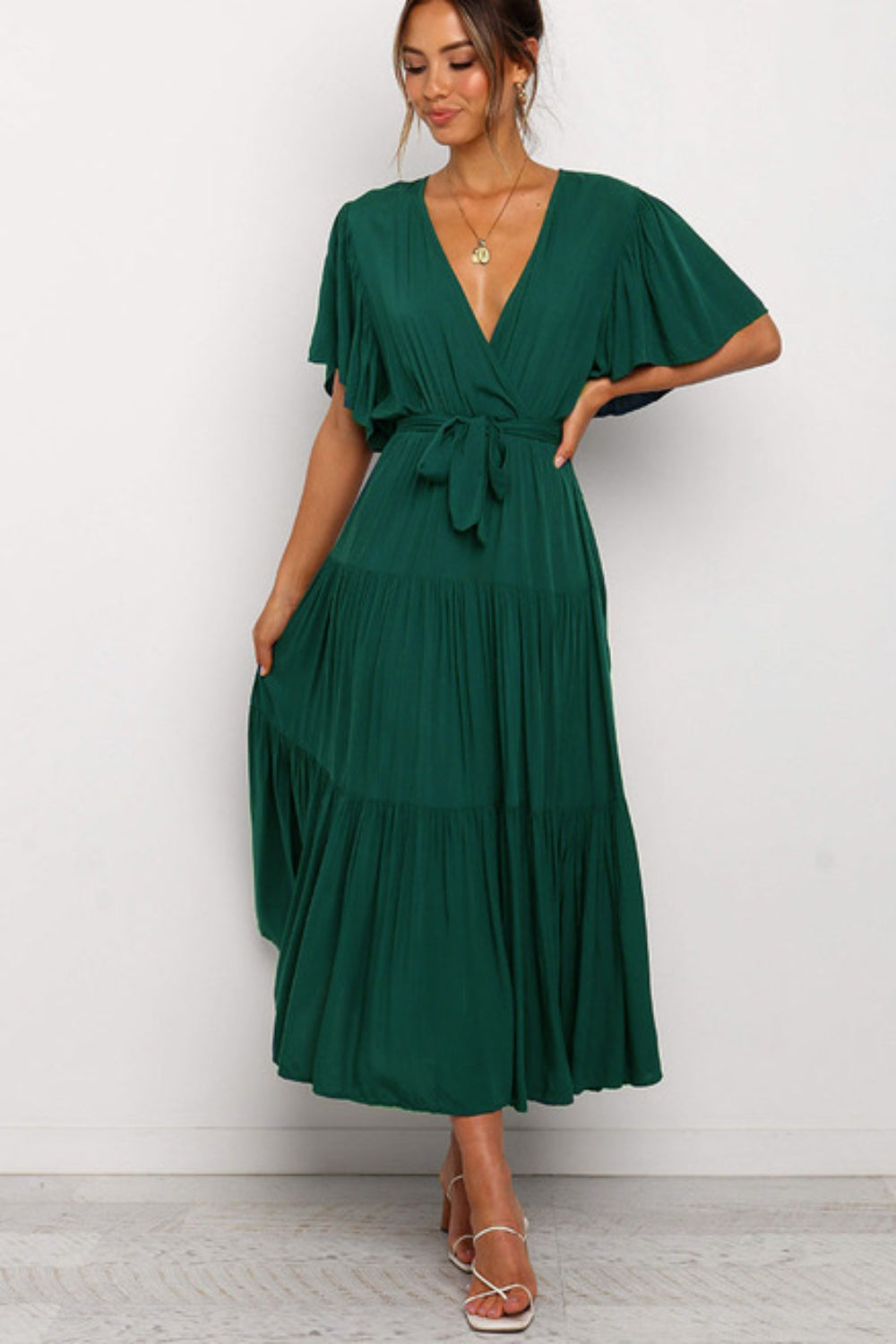 Angel Sleeve Tie-Waist Tiered Midi Dress - MARIGOLD