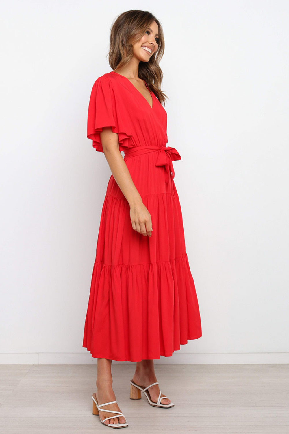 Angel Sleeve Tie-Waist Tiered Midi Dress - MARIGOLD
