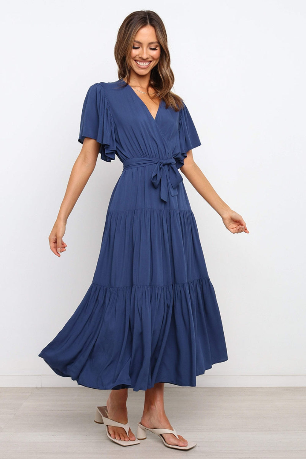 Angel Sleeve Tie-Waist Tiered Midi Dress - MARIGOLD
