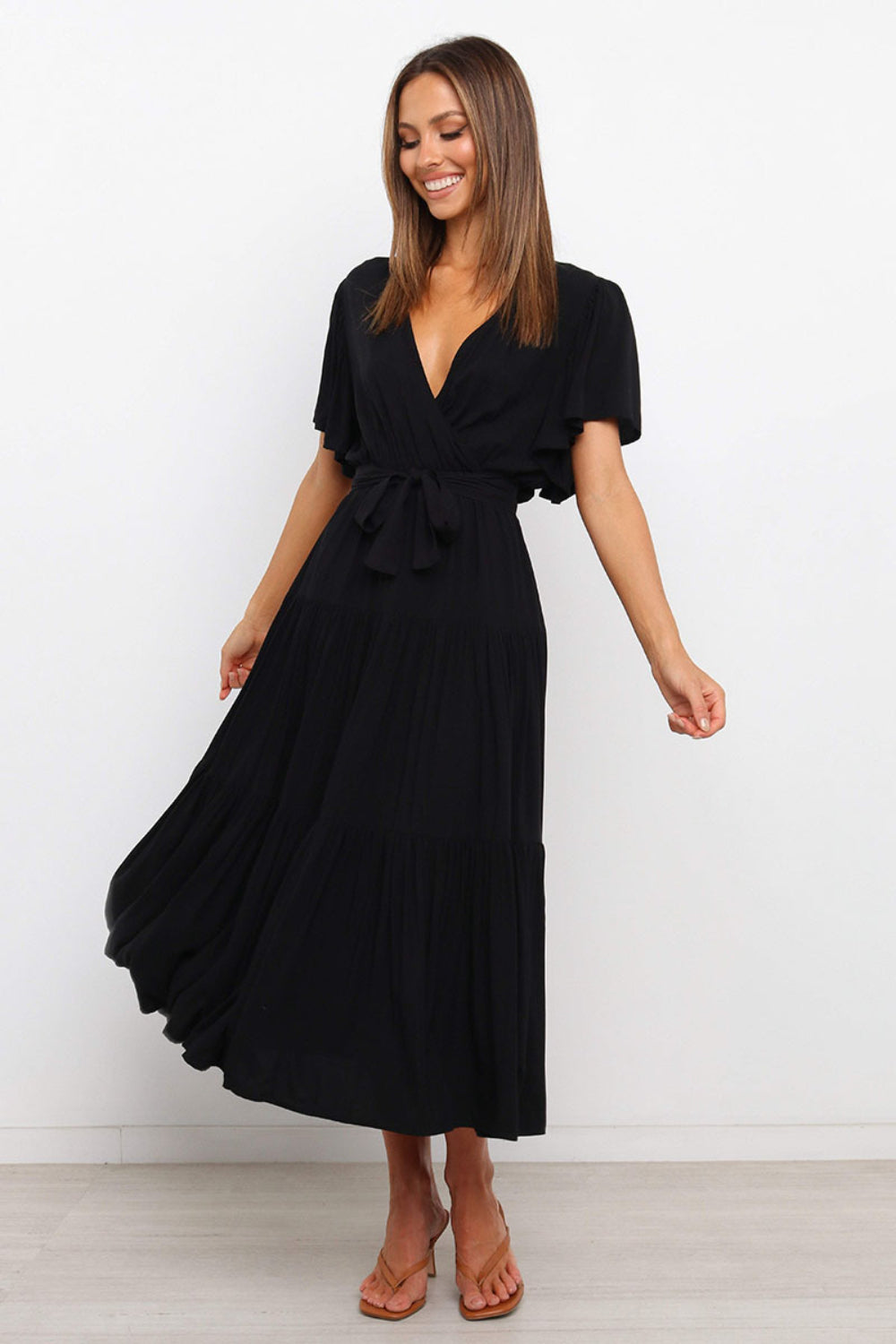 Angel Sleeve Tie-Waist Tiered Midi Dress - MARIGOLD