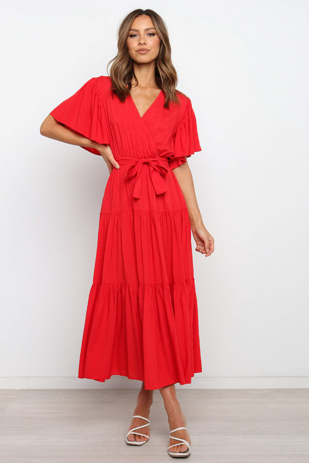 Angel Sleeve Tie-Waist Tiered Midi Dress - MARIGOLD