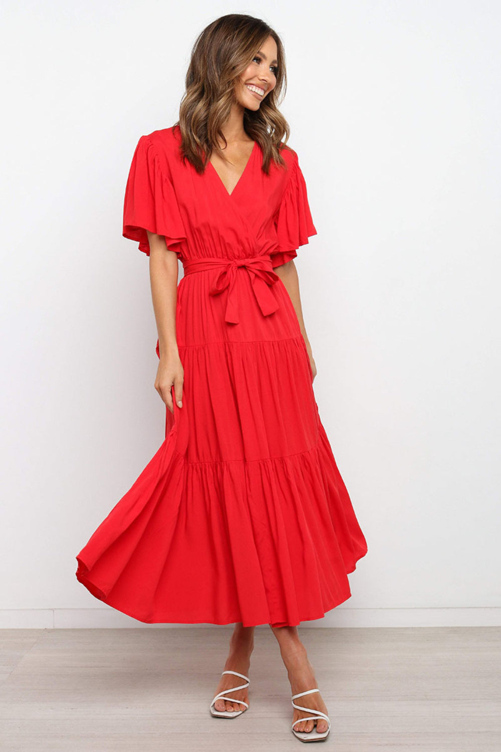 Angel Sleeve Tie-Waist Tiered Midi Dress - MARIGOLD