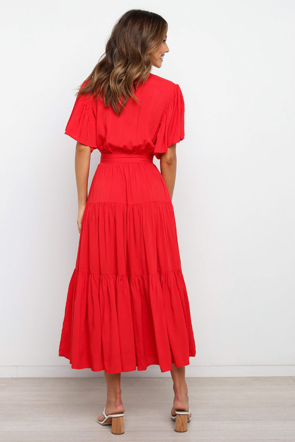 Angel Sleeve Tie-Waist Tiered Midi Dress - MARIGOLD