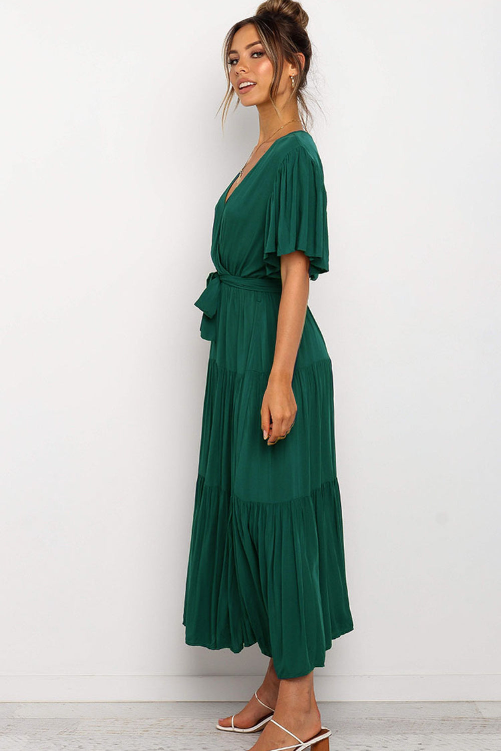 Angel Sleeve Tie-Waist Tiered Midi Dress - MARIGOLD
