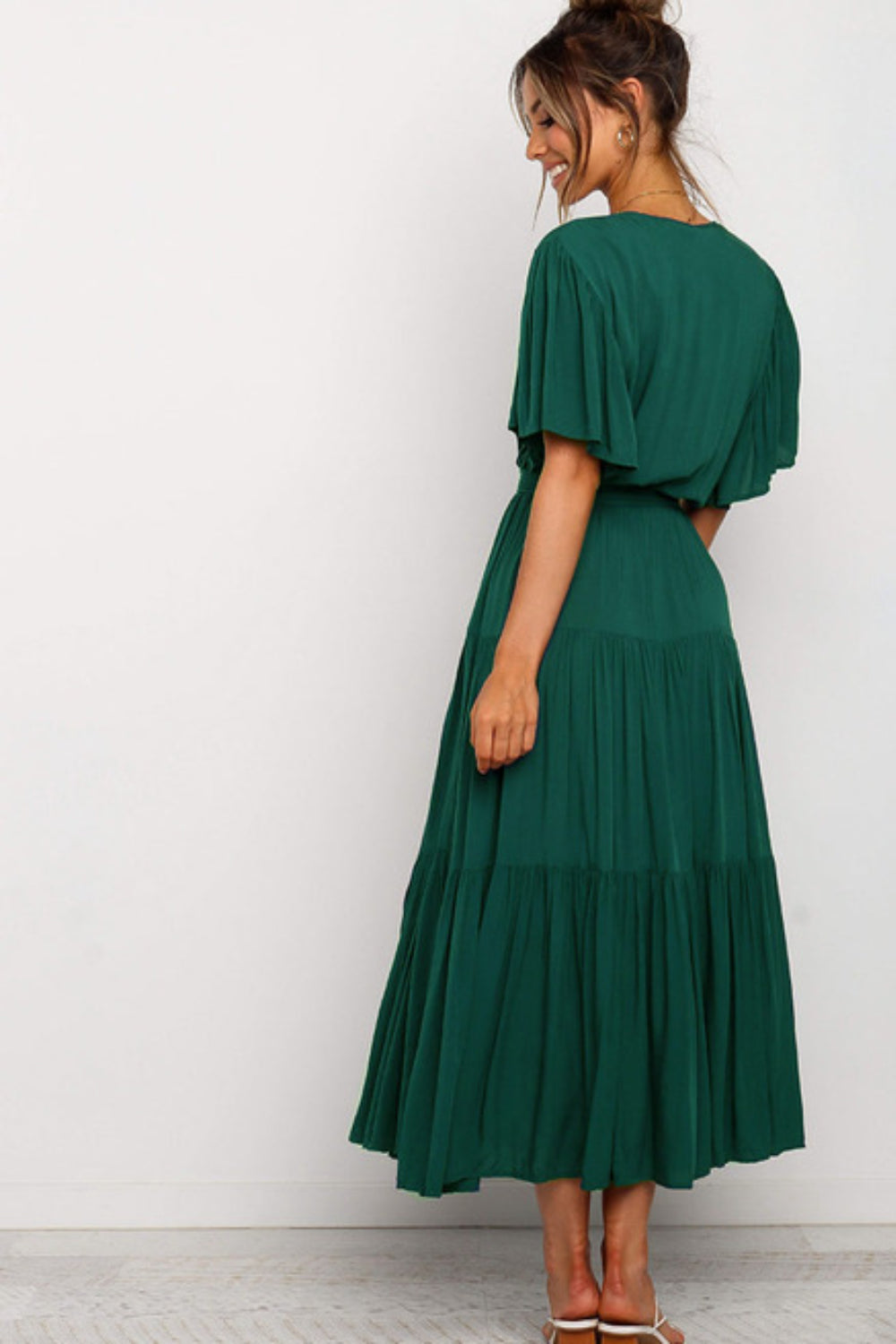 Angel Sleeve Tie-Waist Tiered Midi Dress - MARIGOLD