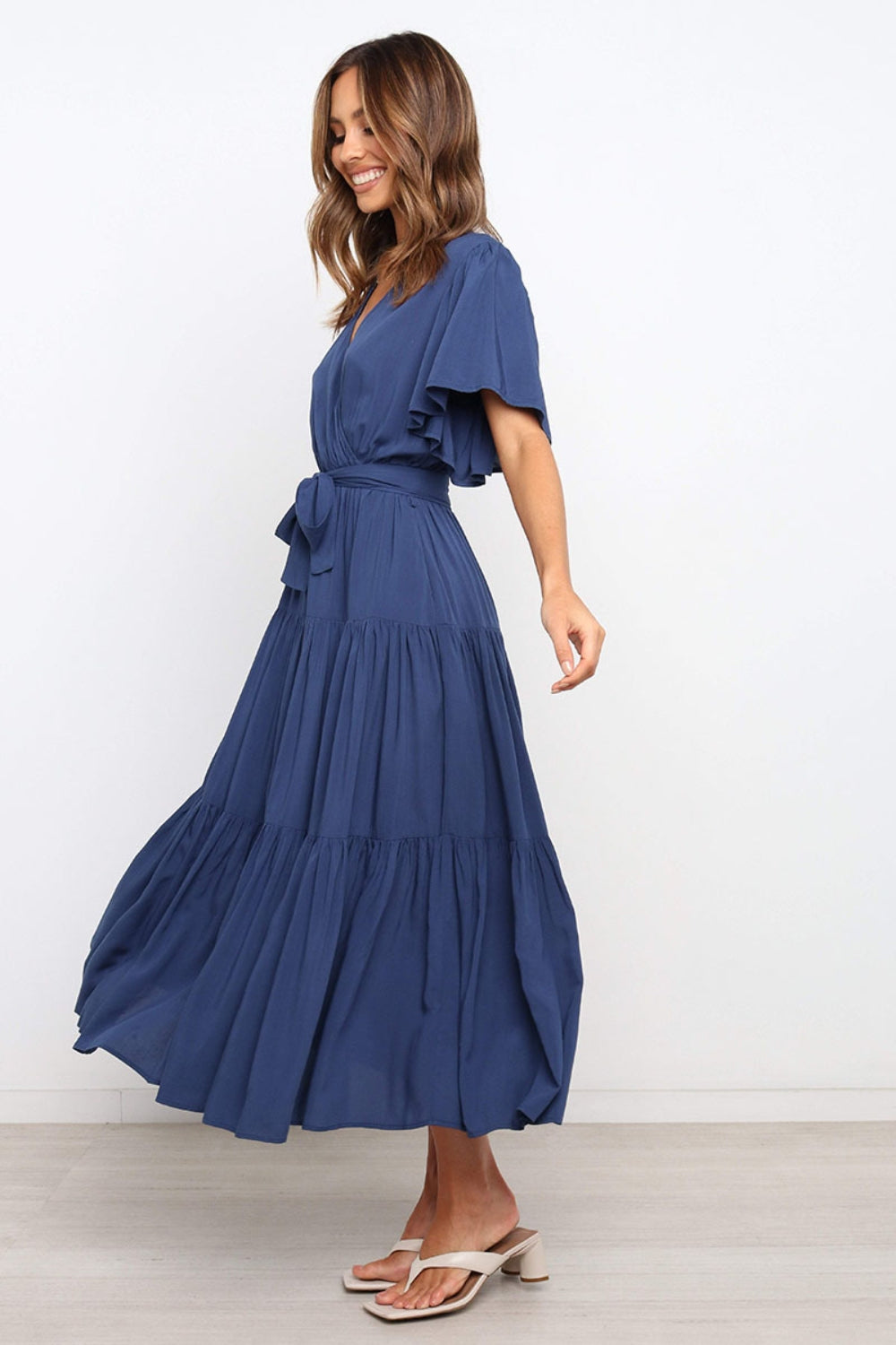 Angel Sleeve Tie-Waist Tiered Midi Dress - MARIGOLD