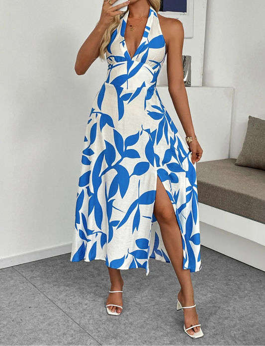Blue Leaf Print Halter Neck Midi Dress