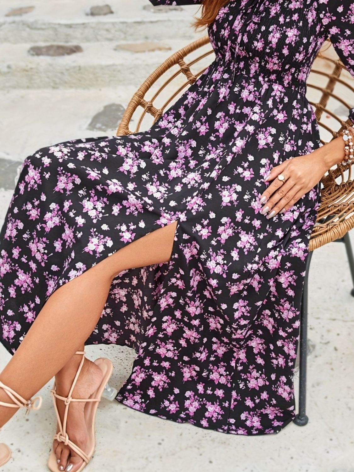Chic Floral Midi: Square Neck, Balloon Long Sleeves, Slit Hem - MARIGOLD