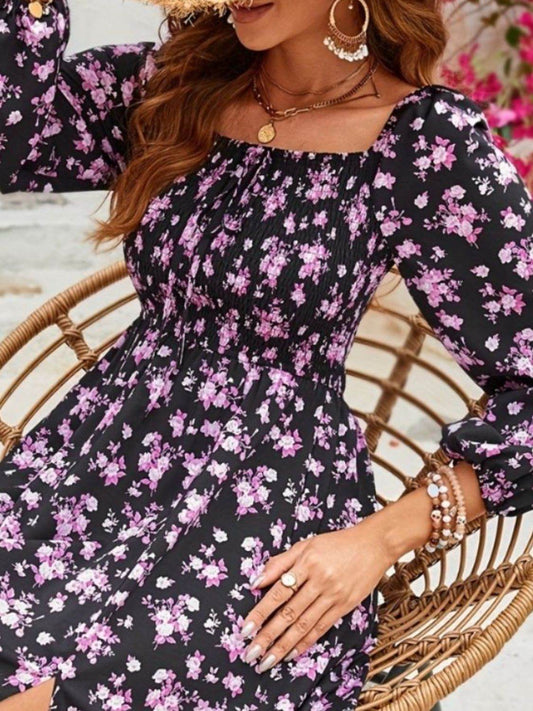 Chic Floral Midi: Square Neck, Balloon Long Sleeves, Slit Hem - MARIGOLD