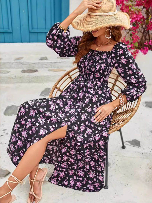 Chic Floral Midi: Square Neck, Balloon Long Sleeves, Slit Hem - MARIGOLD