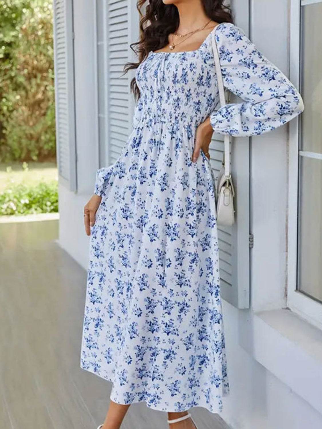 Chic Floral Midi: Square Neck, Balloon Long Sleeves, Slit Hem - MARIGOLD