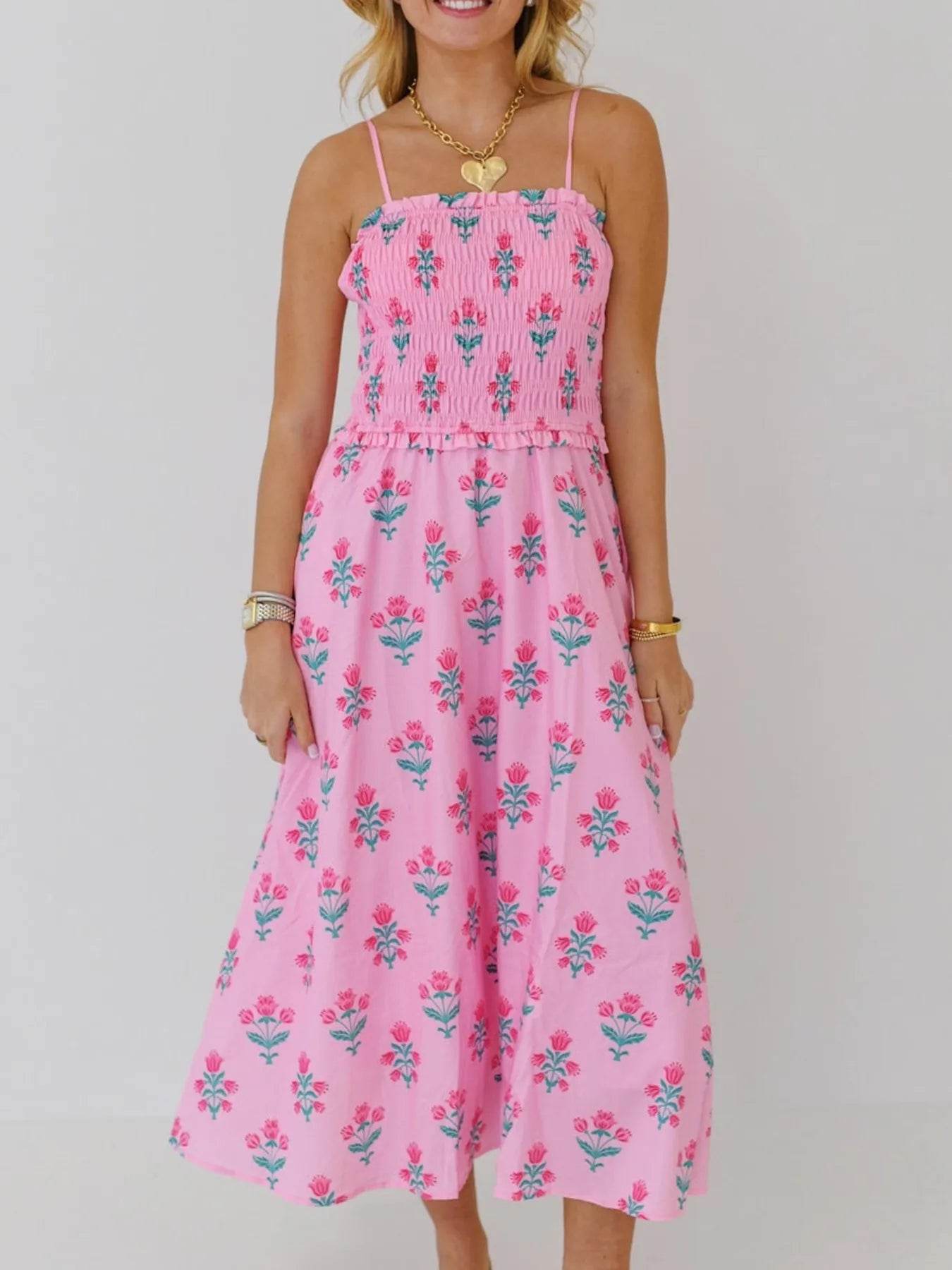 Floral Smocked Midi Cami Dress - MARIGOLD