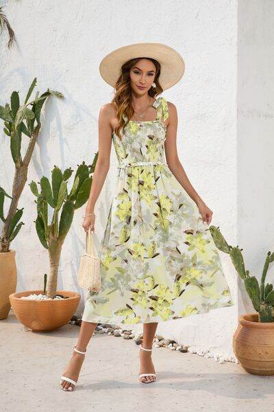 Floral Printed Smocked Square Neck Midi Dress - MARIGOLD