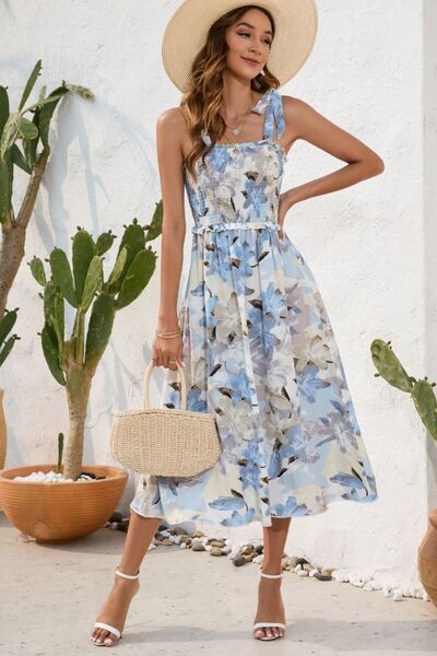 Floral Printed Smocked Square Neck Midi Dress - MARIGOLD