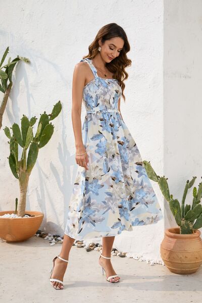 Floral Printed Smocked Square Neck Midi Dress - MARIGOLD