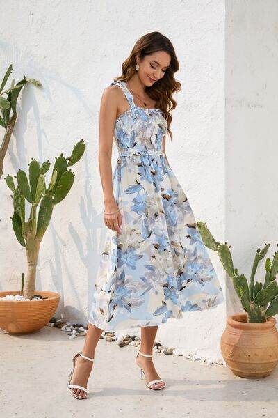 Floral Printed Smocked Square Neck Midi Dress - MARIGOLD