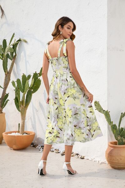 Floral Printed Smocked Square Neck Midi Dress - MARIGOLD