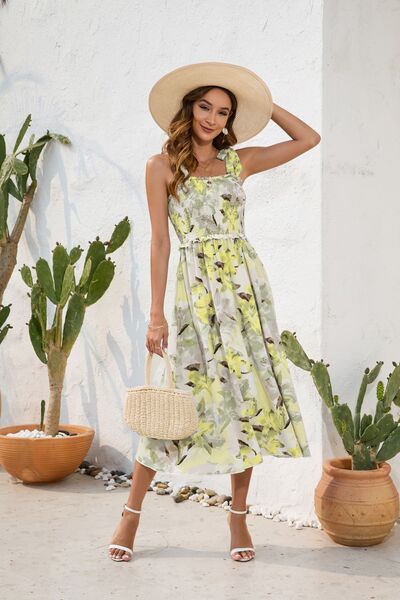 Floral Printed Smocked Square Neck Midi Dress - MARIGOLD