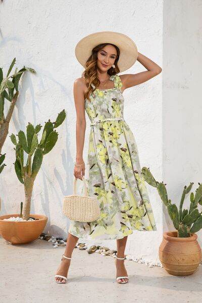Floral Printed Smocked Square Neck Midi Dress - MARIGOLD