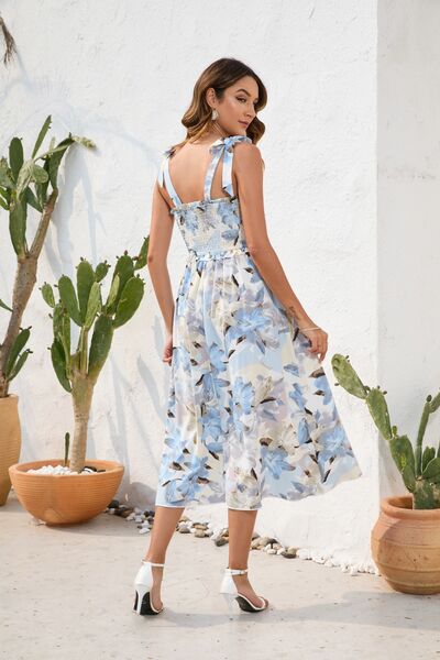 Floral Printed Smocked Square Neck Midi Dress - MARIGOLD