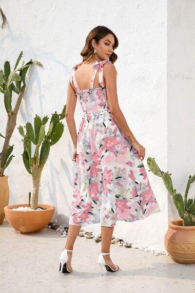 Floral Printed Smocked Square Neck Midi Dress - MARIGOLD