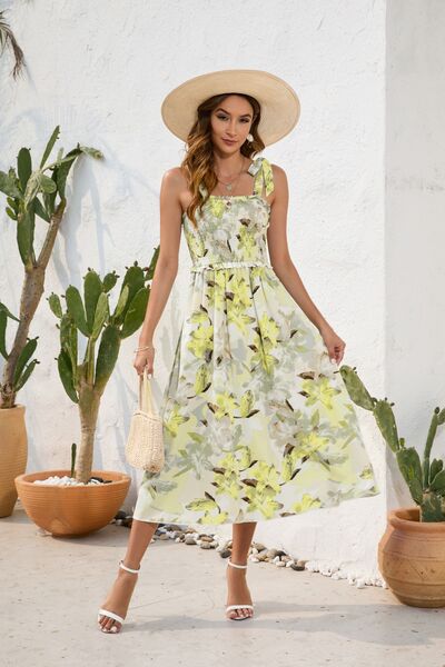 Floral Printed Smocked Square Neck Midi Dress - MARIGOLD