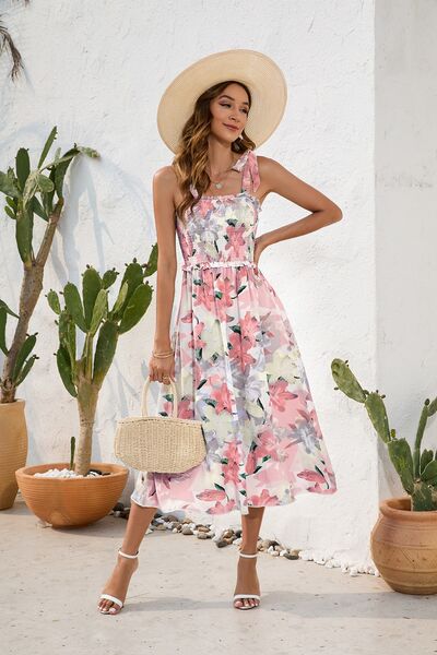 Floral Printed Smocked Square Neck Midi Dress - MARIGOLD