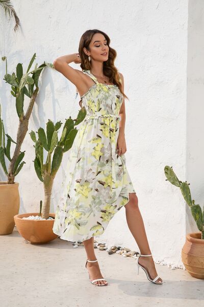 Floral Printed Smocked Square Neck Midi Dress - MARIGOLD