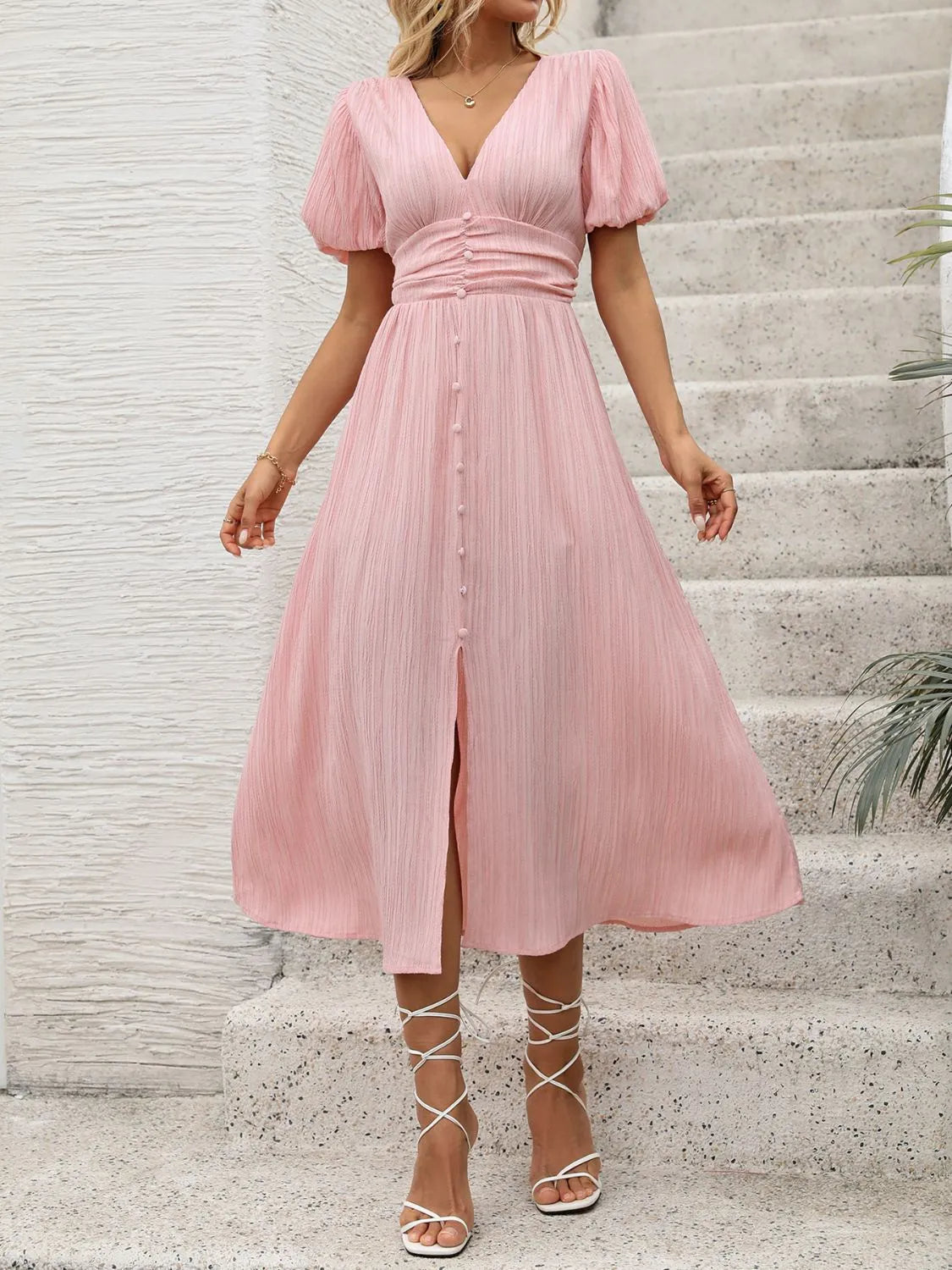 Blush Pink Puff Sleeve Midi Dress