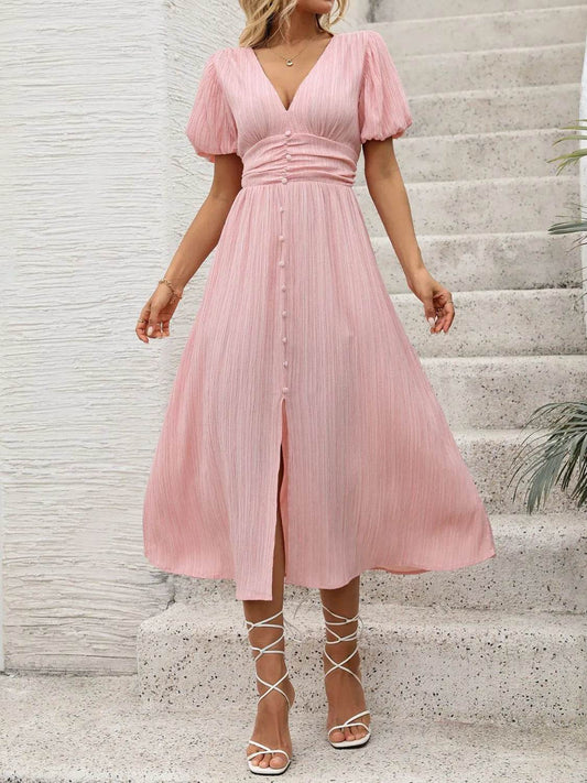 Blush Pink Puff Sleeve Midi Dress - MARIGOLD