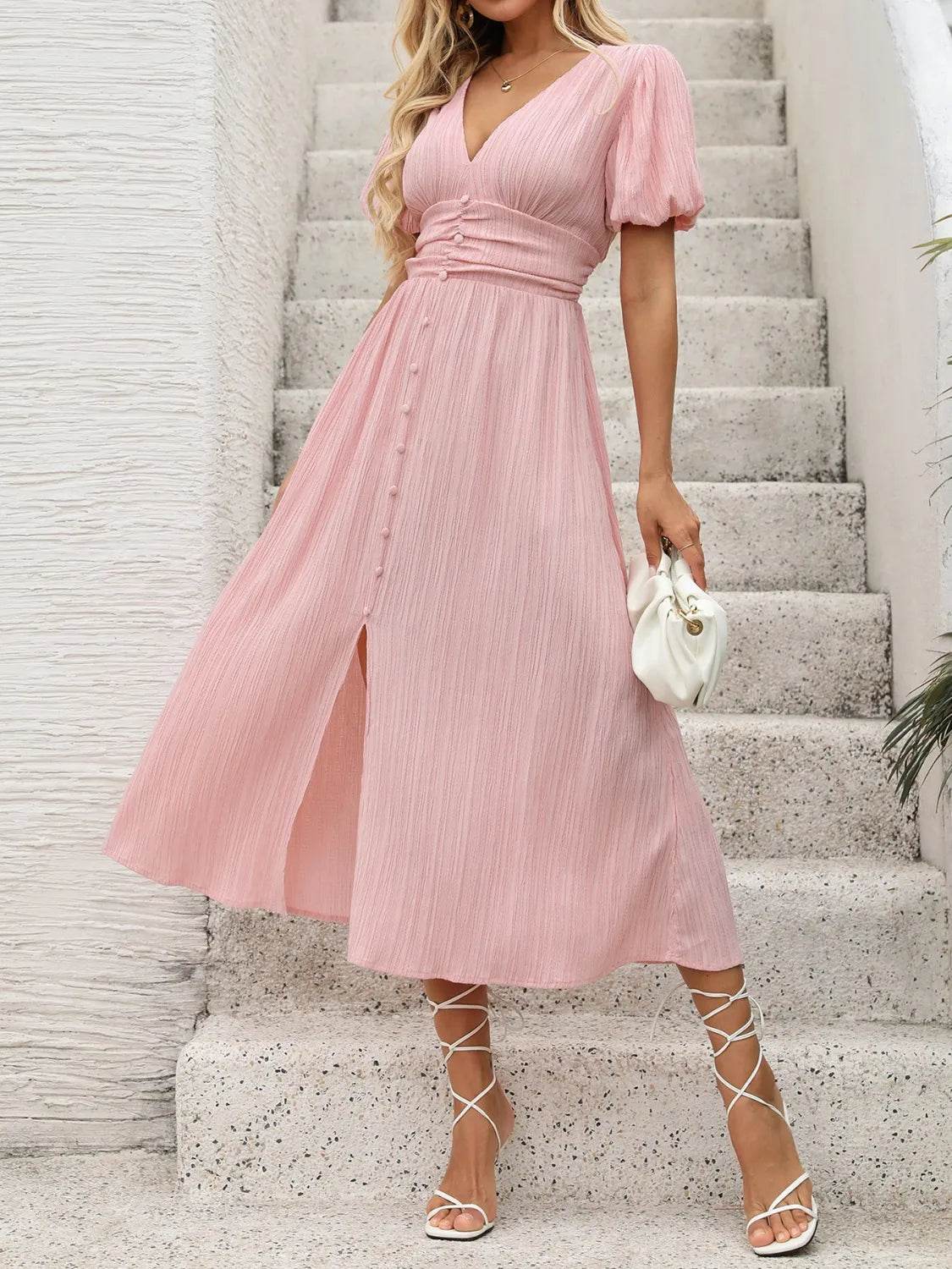 Blush Pink Puff Sleeve Midi Dress - MARIGOLD