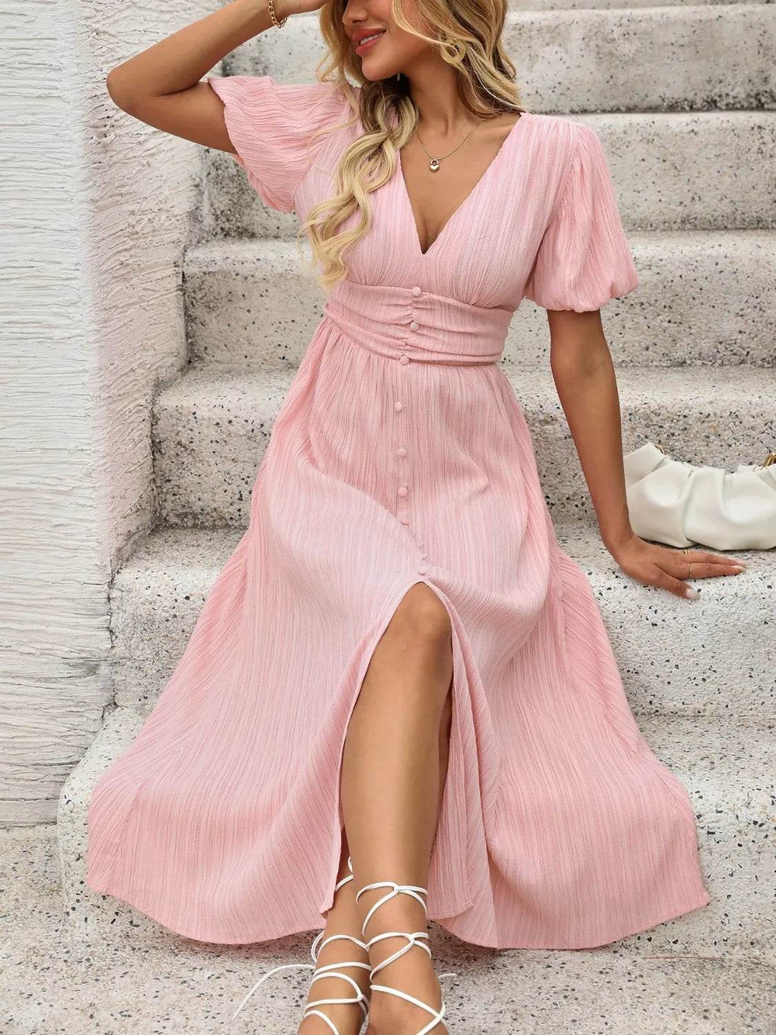 Blush Pink Puff Sleeve Midi Dress - MARIGOLD