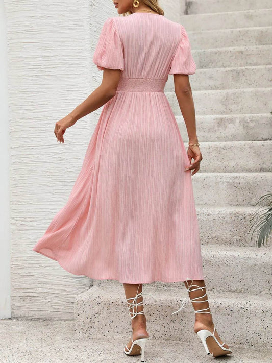 Blush Pink Puff Sleeve Midi Dress - MARIGOLD