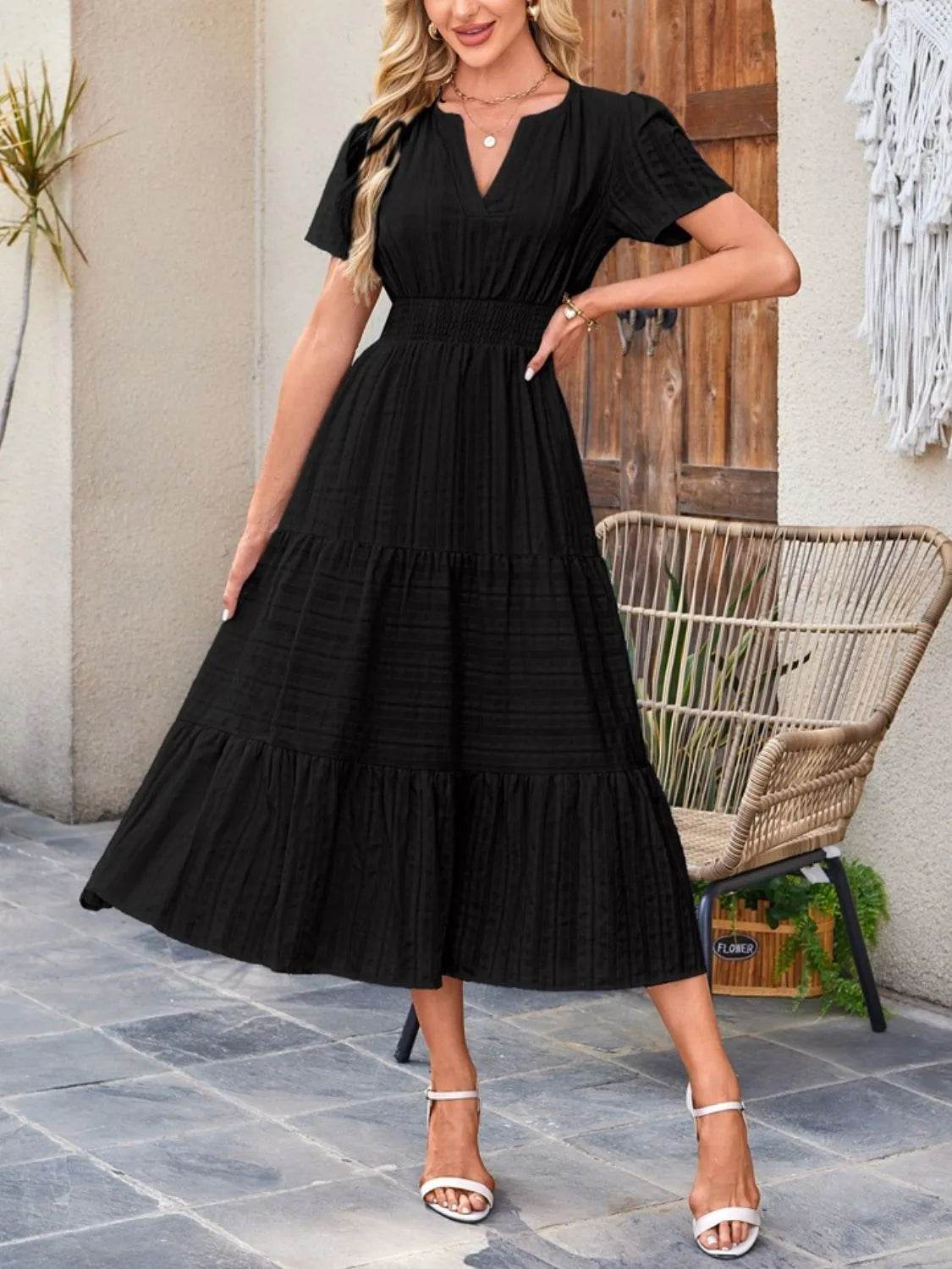 Notched Neckline Tiered Short Sleeve Midi Dress - MARIGOLD