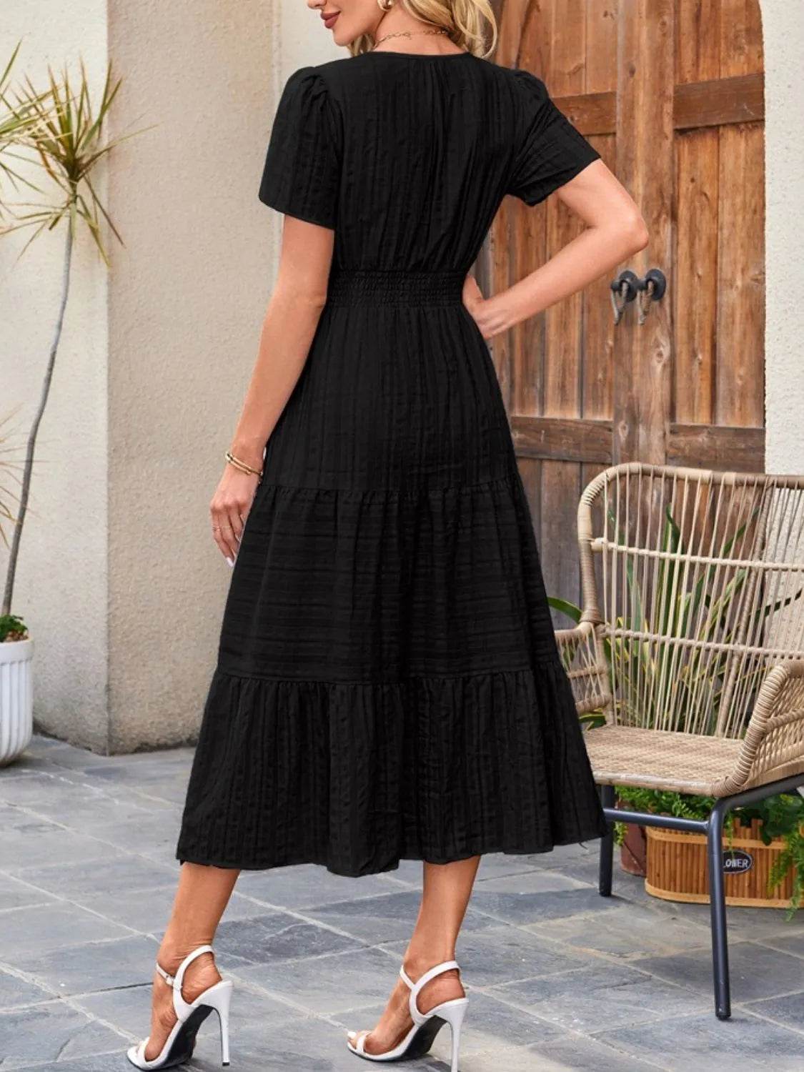 Notched Neckline Tiered Short Sleeve Midi Dress - MARIGOLD